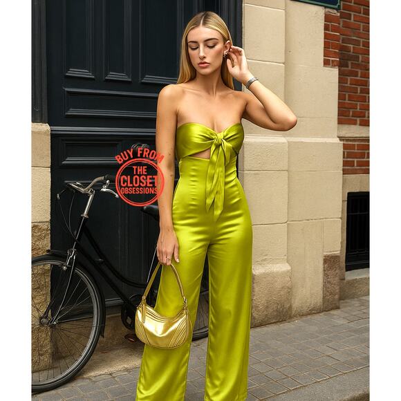 ZARA Strapless Wide-Leg Jumpsuit NWT | Bow Detail Cutout Green M - Picture 3 of 16